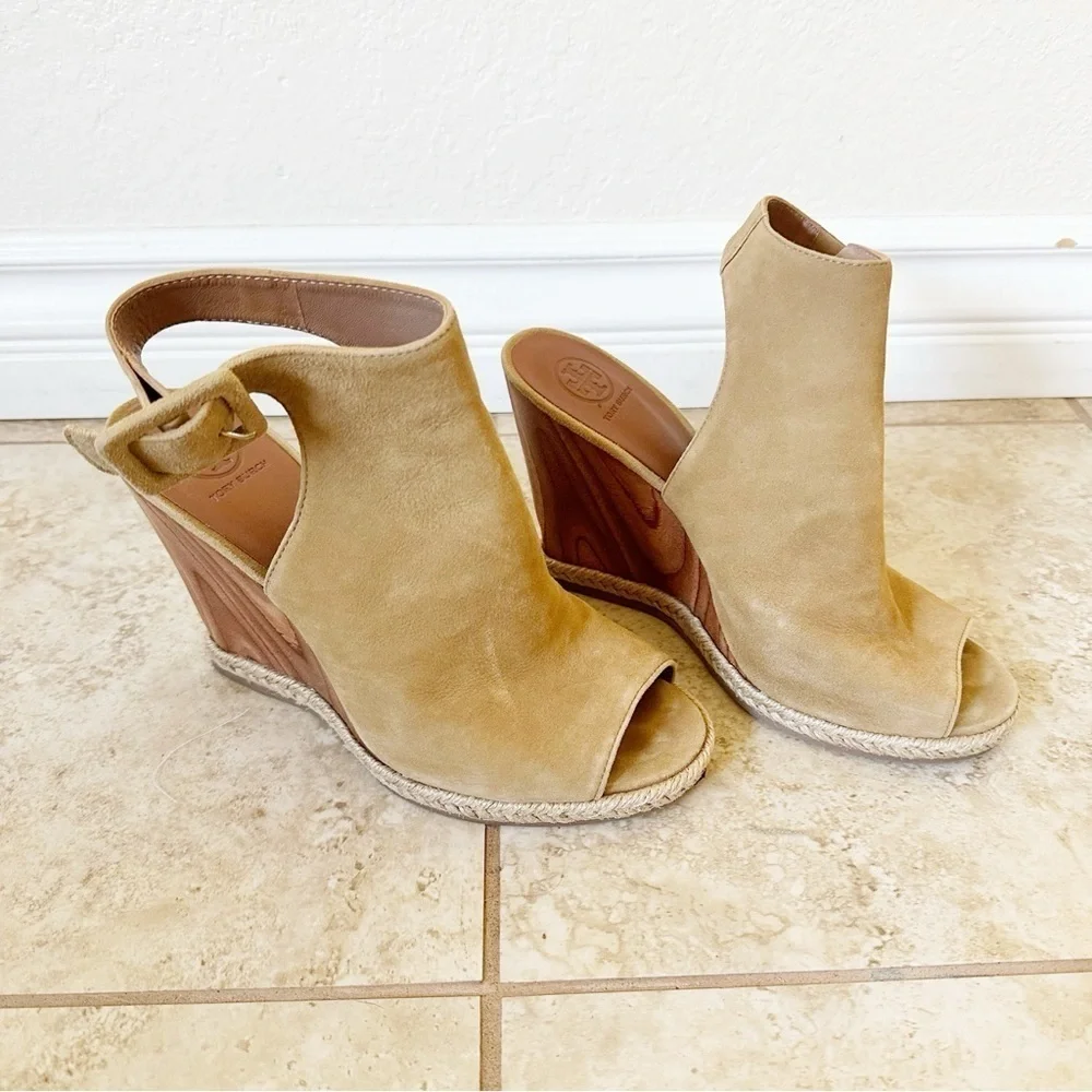 Tory Burch Tan Suede Open-Toe Wedge Sandals
